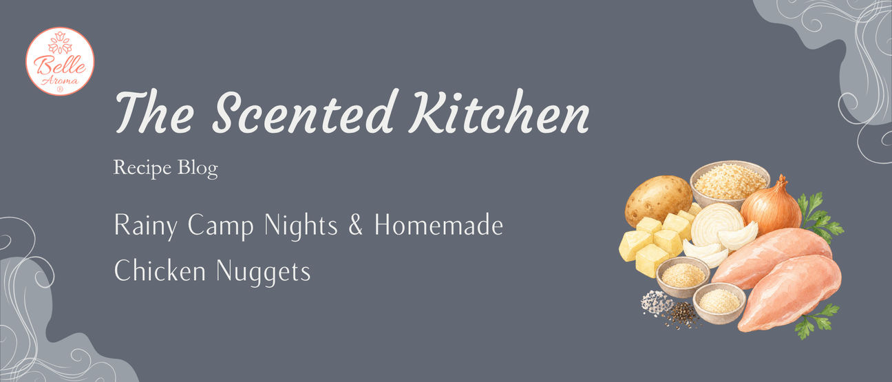 The Scented Kitchen blog header featuring “Rainy Camp Nights & Homemade Chicken Nuggets” with Belle Aroma logo and illustrated ingredients including chicken, potato, onion, and seasonings on a soft gray background.