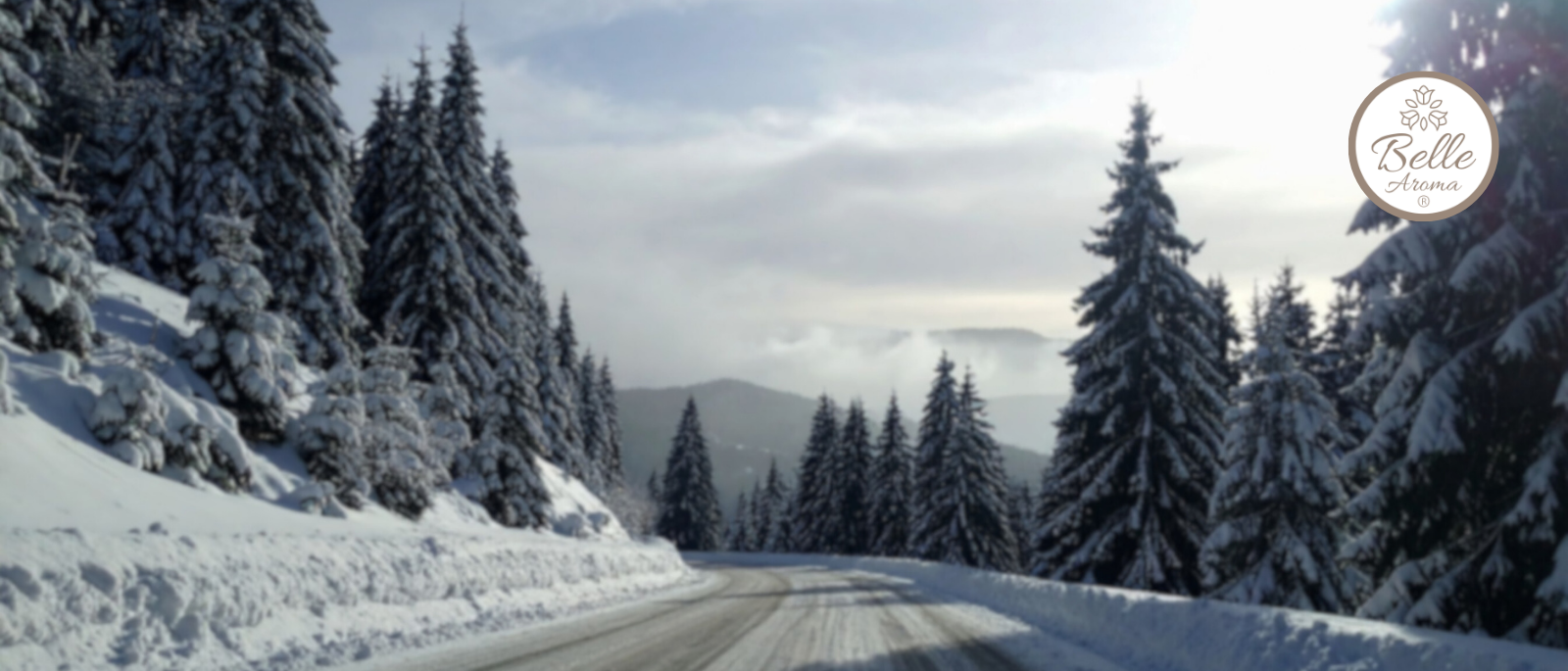 Winter mountain highway lined with snow-covered pine trees and distant hills beneath an overcast sky, featuring the Belle Aroma logo. Image represents the Scents of Adventure travel blog series.