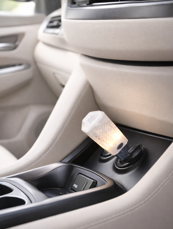 A small rectangular LED car night light with a clear textured body and warm glowing light, shown plugged into the center console of a car interior.